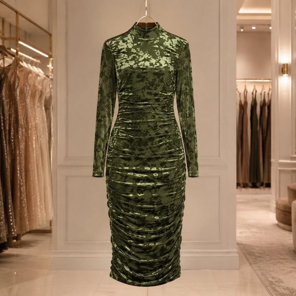 Belle Badgley Mischka Kendall Olive Velvet Burnout Ruched Midi Dress NWT Size 10